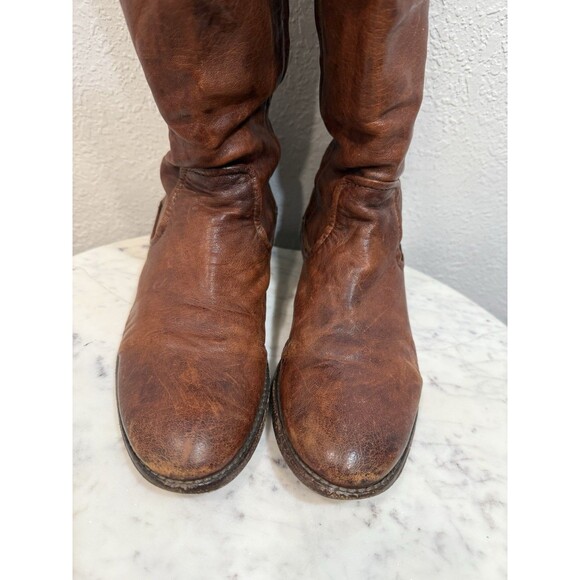 Frye Melissa Scrunch Brown Riding Boots Stretch Back Tall Pull On Leathers 7.5m - Picture 1 of 10